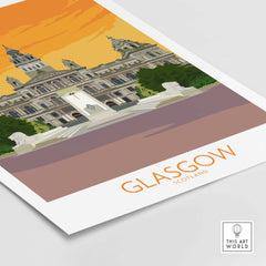 Glasgow travel poster art print featuring a stylish illustration of Glasgow's architecture, perfect for home or office decor.