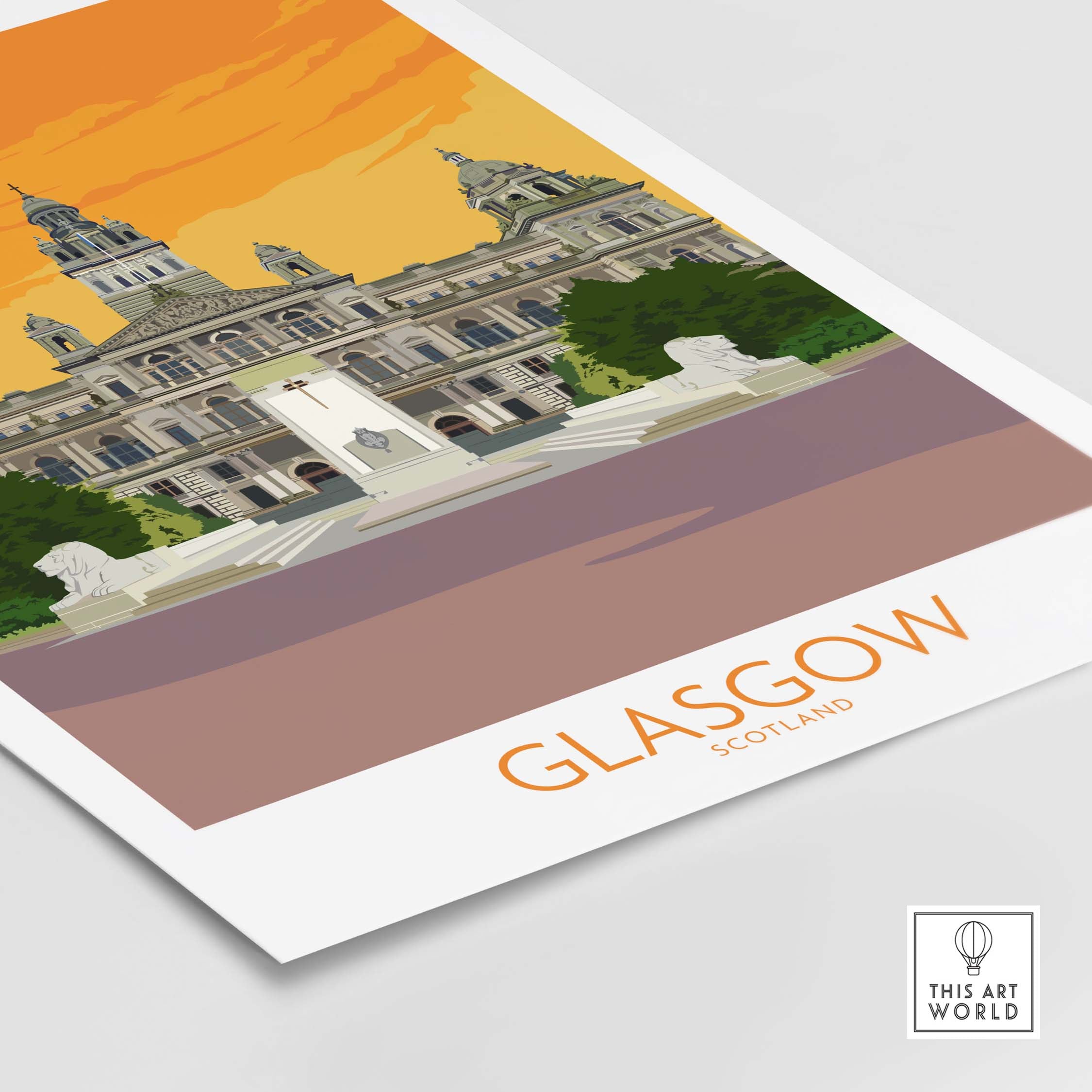 Glasgow travel poster art print featuring a stylish illustration of Glasgow's architecture, perfect for home or office decor.