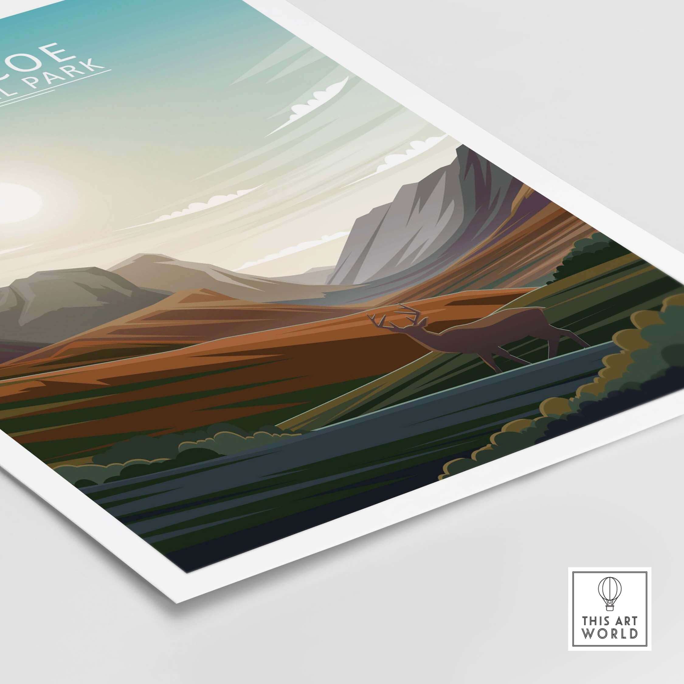 Glencoe National Park poster print featuring scenic landscape and silhouette of a deer in the foreground.