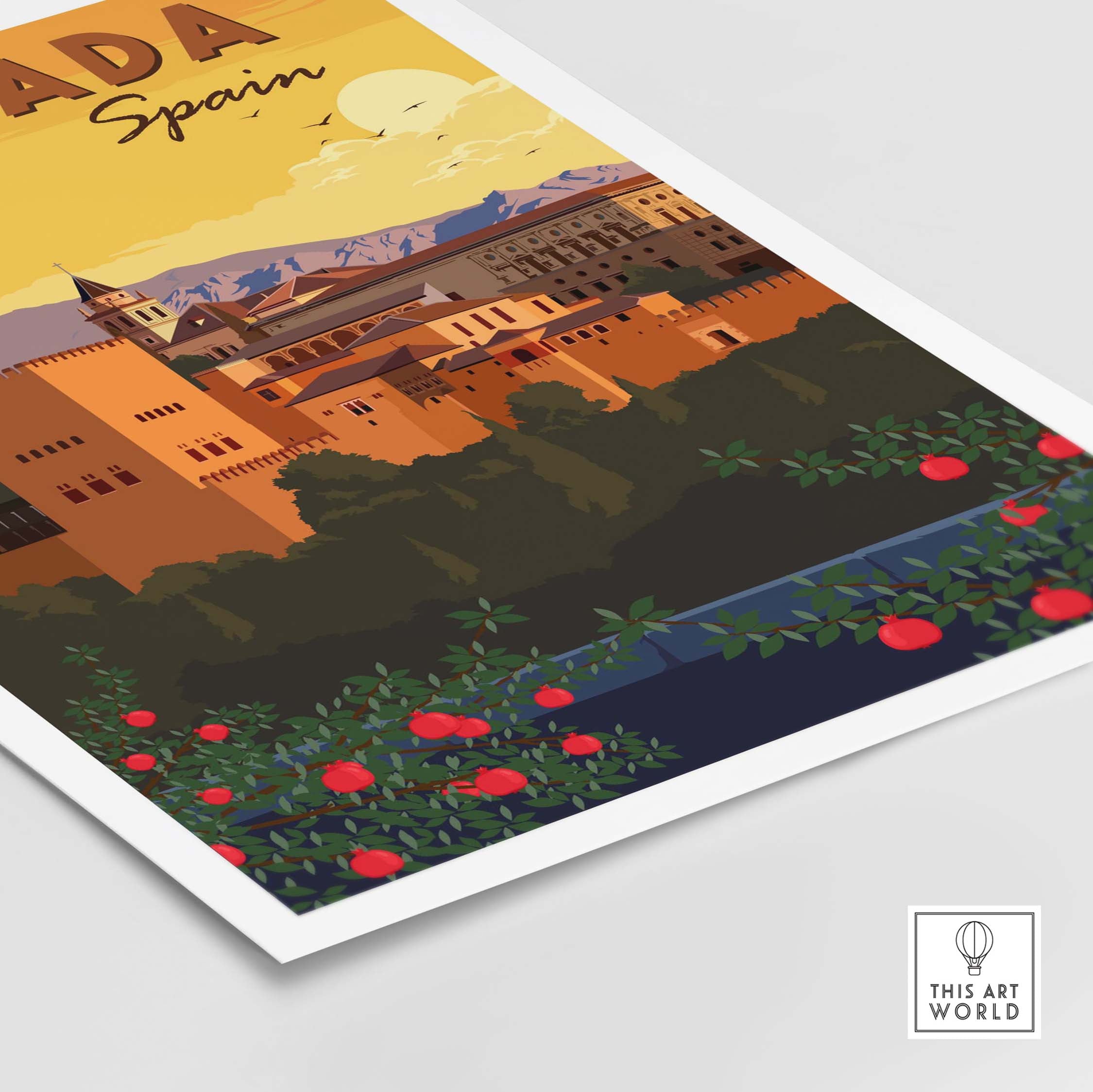 Granada Wall Art Print featuring Alhambra palace in Spain, minimalist travel poster with vintage style.