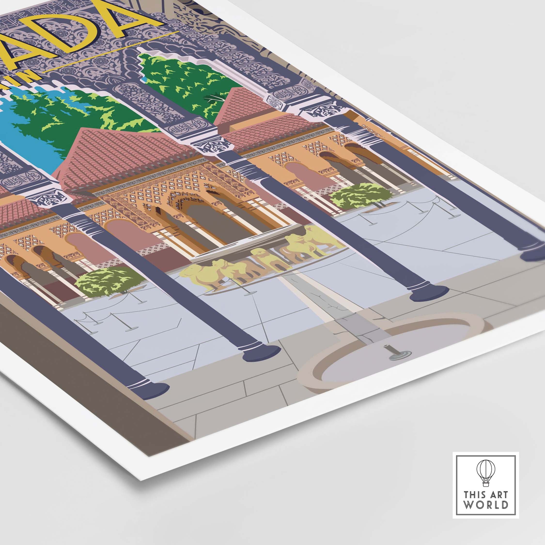 Granada Poster Spain Print featuring the Alhambra Palace with vibrant colors and vintage travel art style.