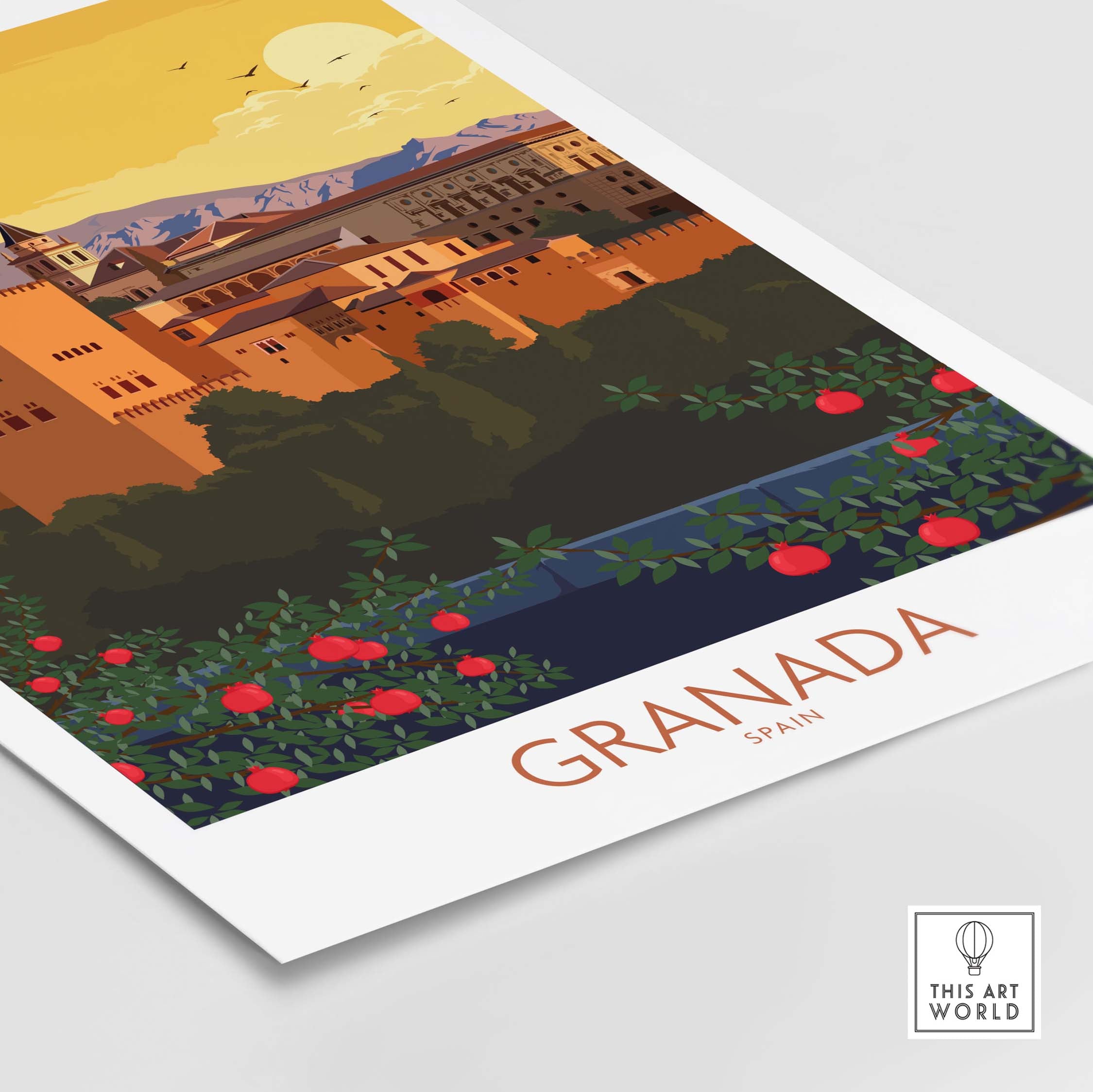Granada Poster Print showcasing the iconic Alhambra, vibrant colors, and minimalist design, perfect for travel enthusiasts.