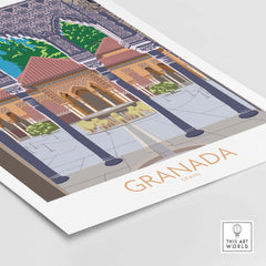 Granada Spain poster print featuring a vintage-inspired design of Alhambra architecture.