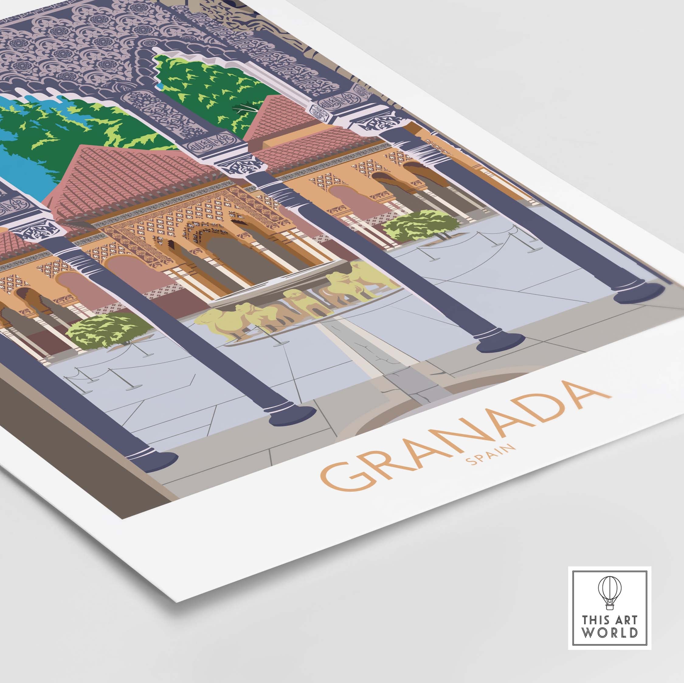 Granada Spain poster print featuring a vintage-inspired design of Alhambra architecture.