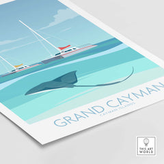Grand Cayman Art Print Poster featuring a stingray and sailboats in a vibrant ocean scene.