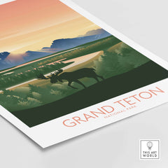 Art print of Grand Teton National Park featuring a moose silhouette and minimalist landscape design.