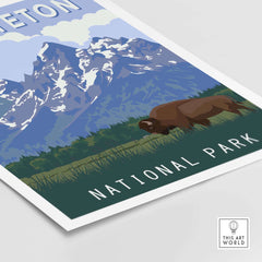 Grand Teton National Park print featuring mountains and a bison, ideal for nature lovers and vintage art decor.