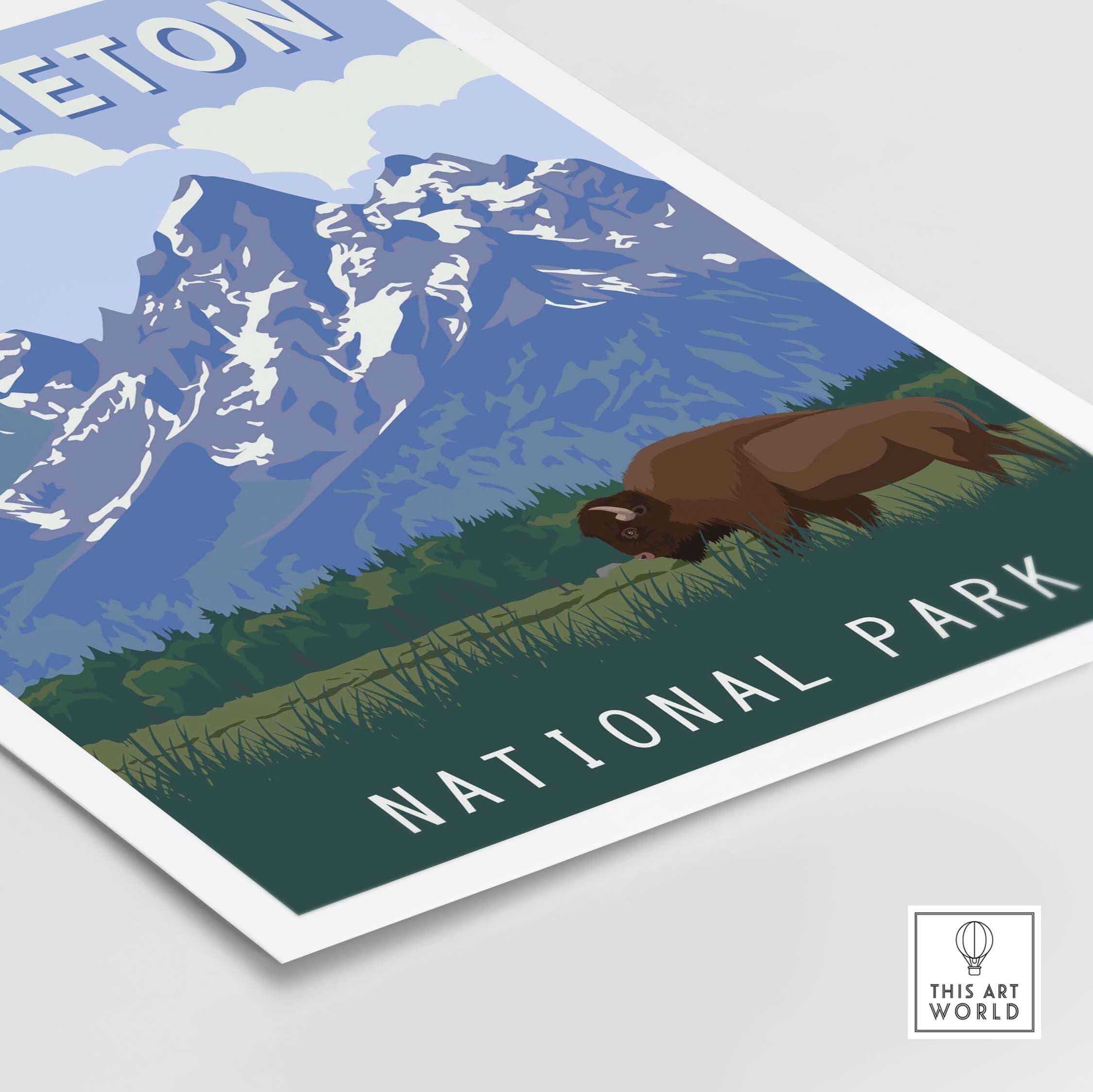 Grand Teton National Park print featuring mountains and a bison, ideal for nature lovers and vintage art decor.