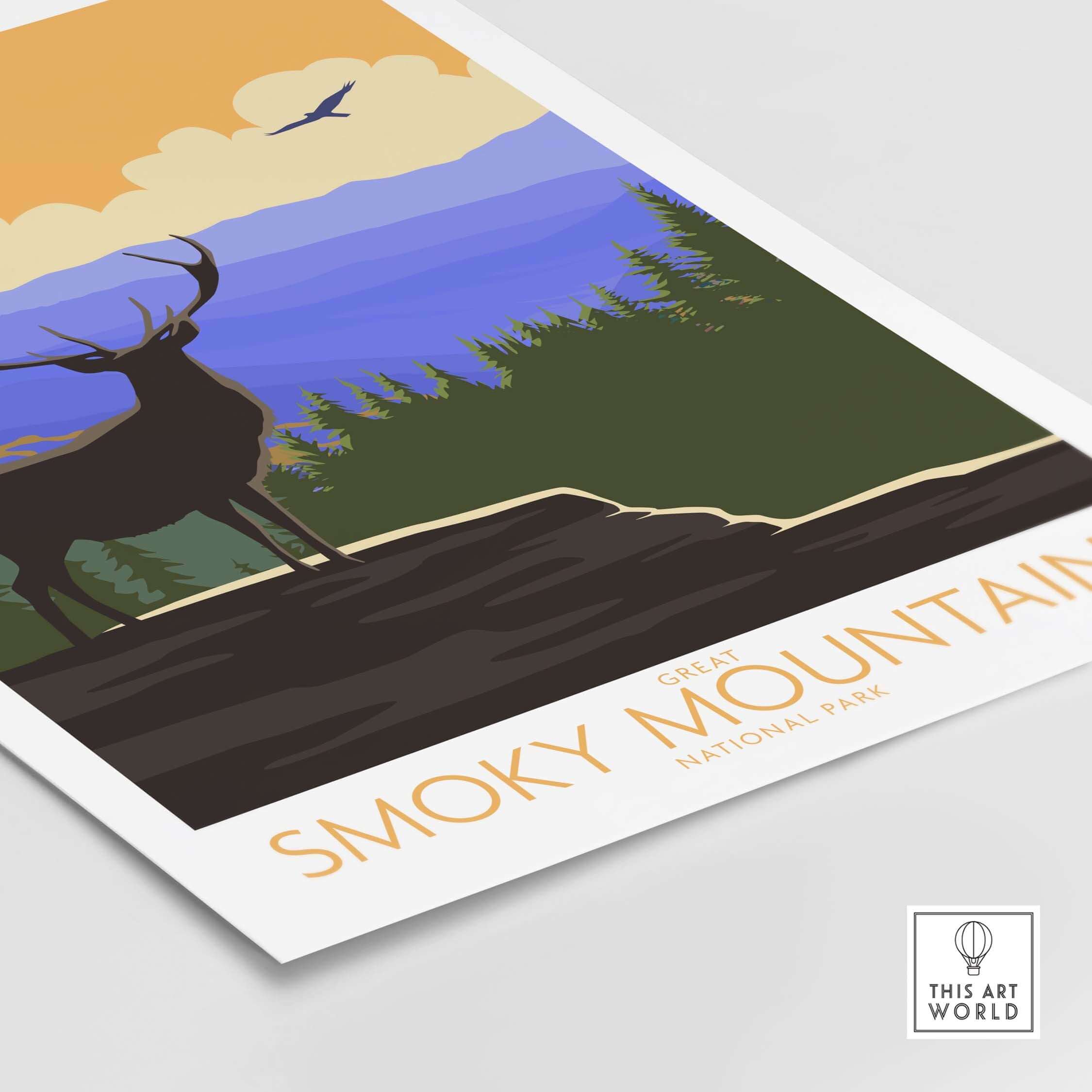 Great Smoky Mountains poster featuring an elk silhouette and colorful mountain landscape.