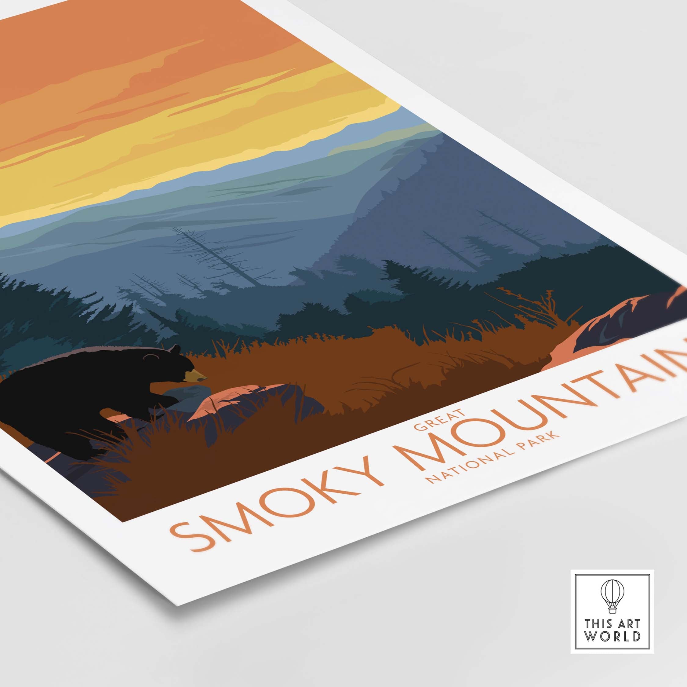 Smoky Mountains poster print featuring a bear and colorful sunset, inspired by vintage National Park art.