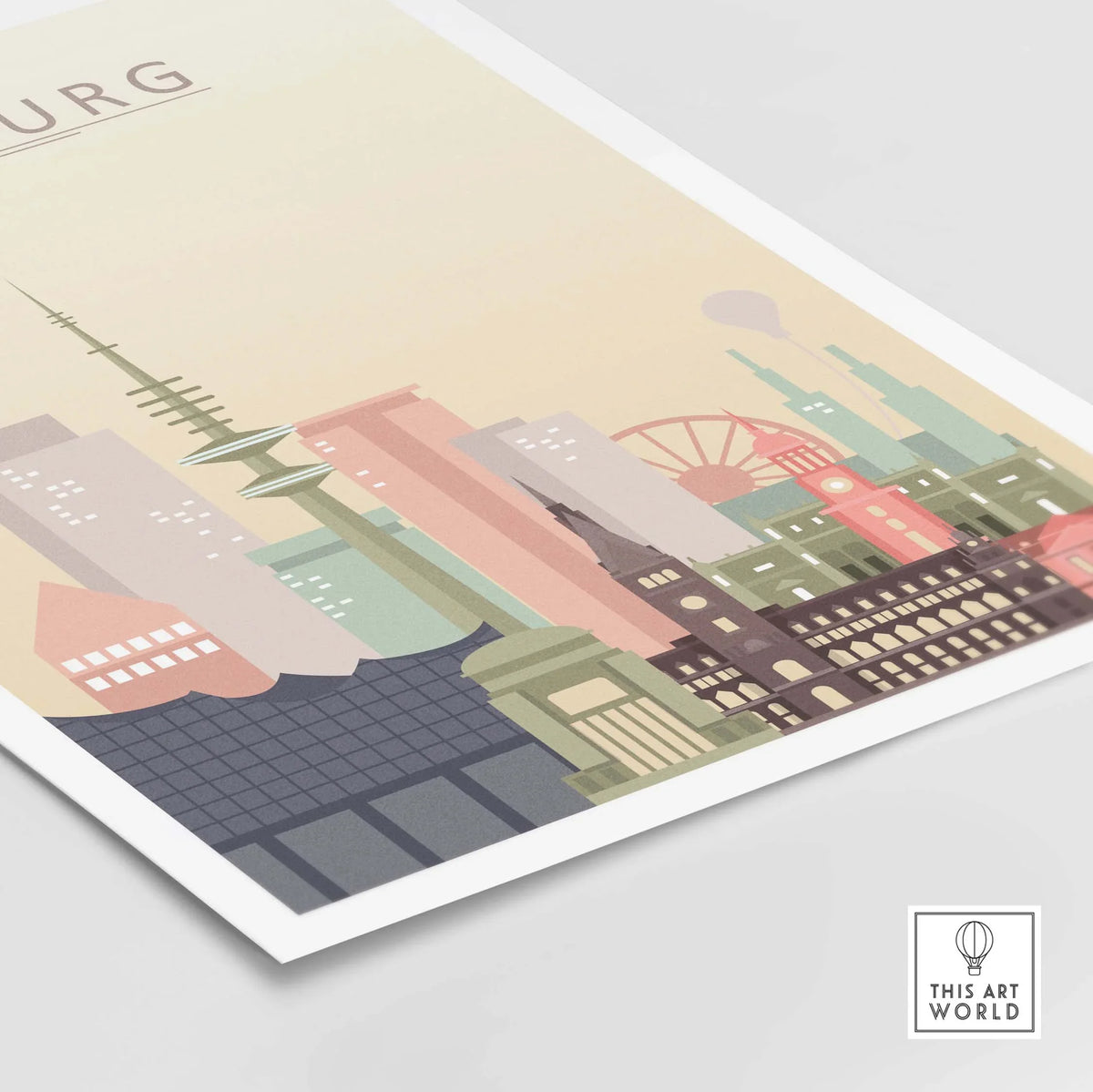 Hamburg city skyline print in pastel colors, featuring iconic architecture for stylish wall art.