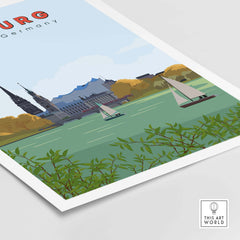 Vintage Hamburg poster print showcasing sailboats and iconic city skyline, perfect for travel-inspired home decor.