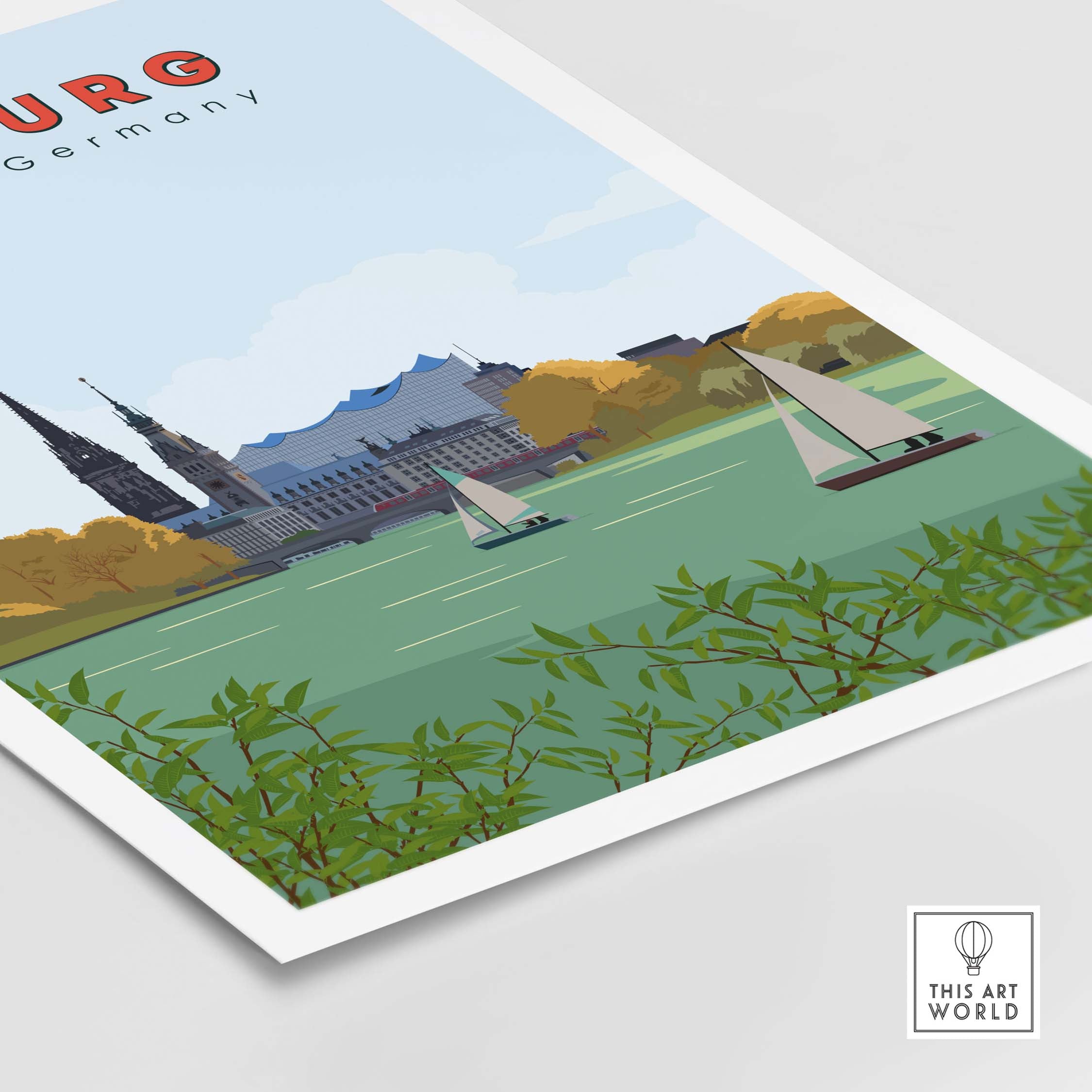 Vintage Hamburg poster print showcasing sailboats and iconic city skyline, perfect for travel-inspired home decor.
