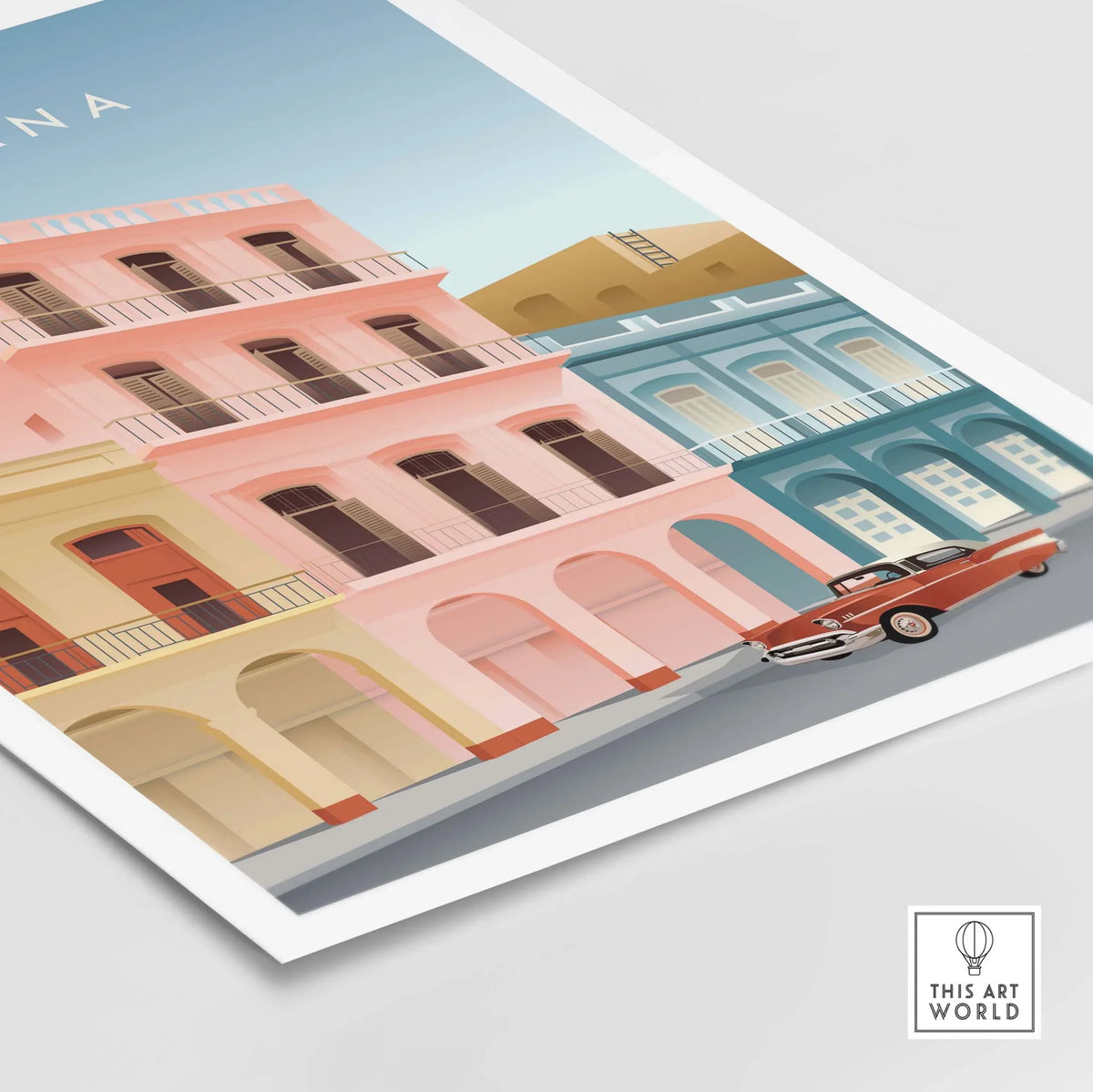 Havana Wall Art Poster featuring vintage buildings and classic car, perfect for home or office decor.