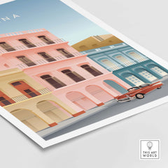 Havana Wall Art Poster featuring vintage buildings and classic car, perfect for home or office decor.