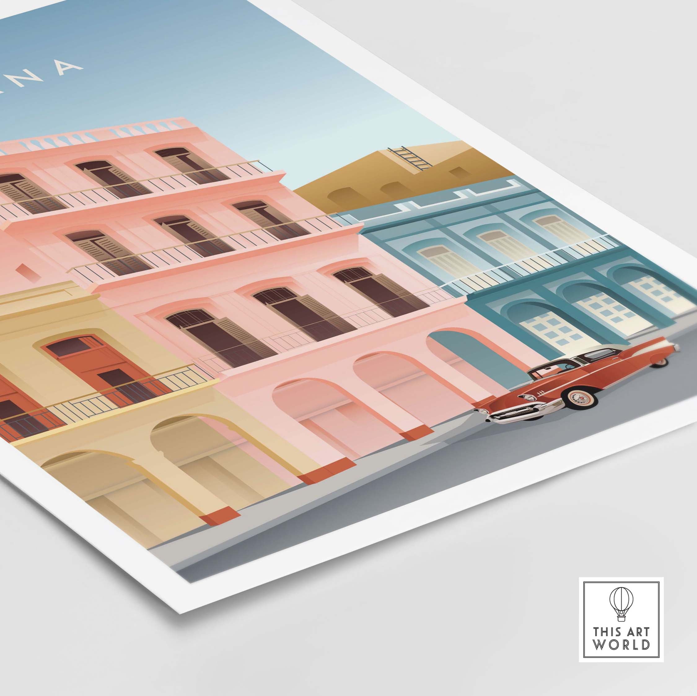 Havana Wall Art Poster featuring vintage buildings and classic car, perfect for home or office decor.