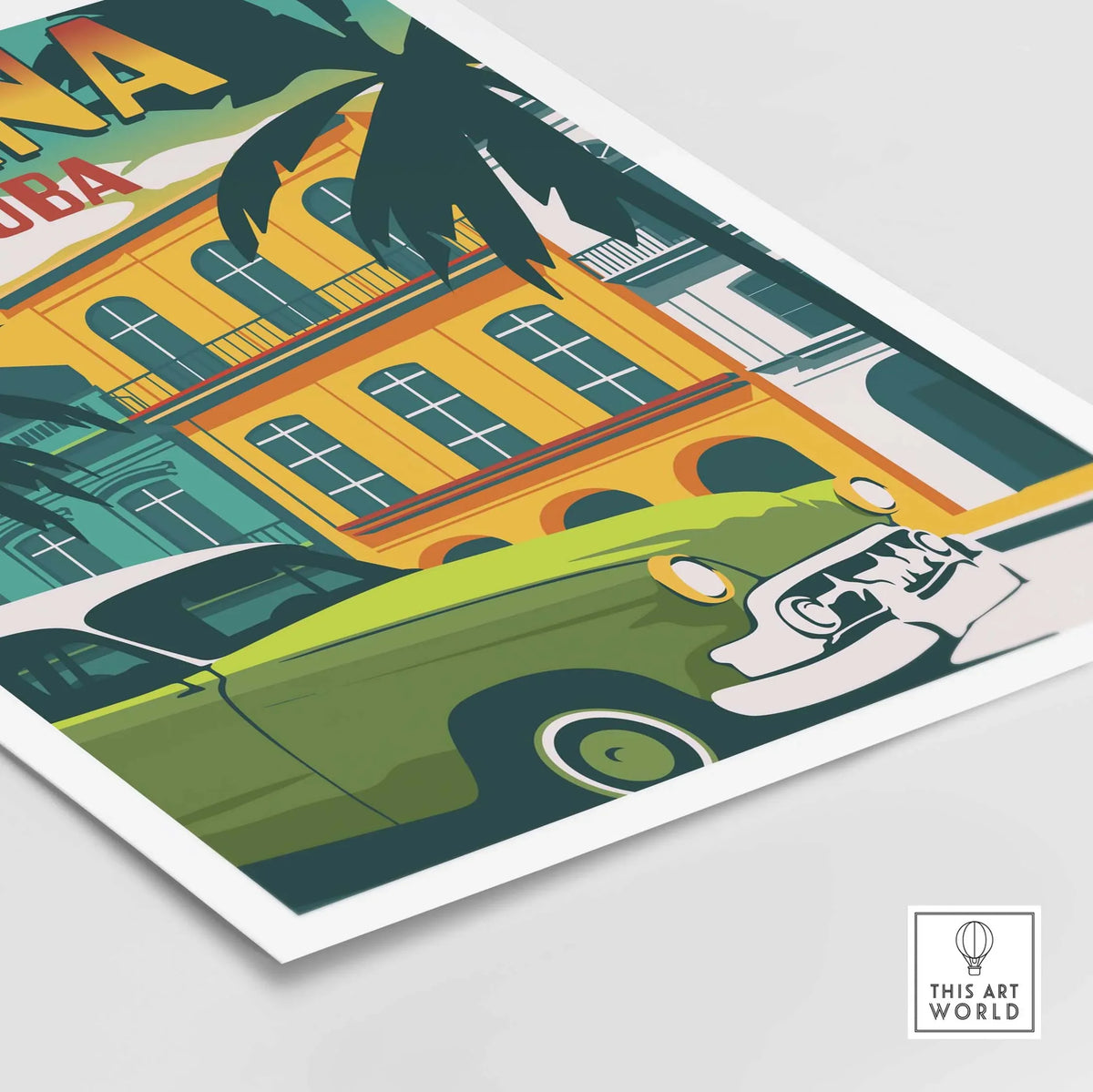 Havana Print Cuba Poster featuring a classic green car and vintage architecture, perfect for travel-inspired wall art.
