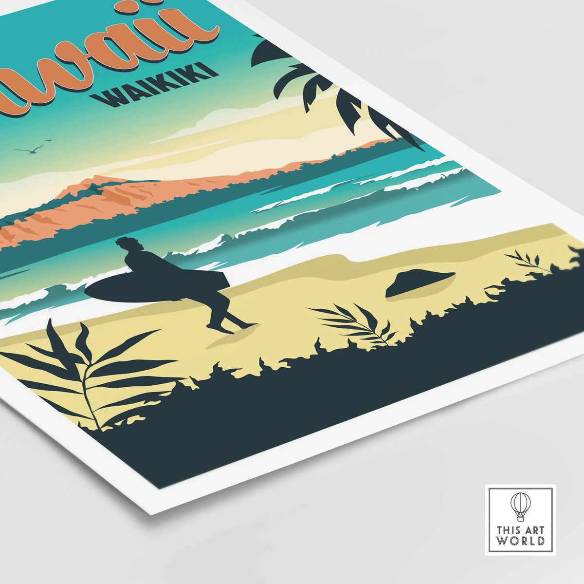 Hawaii Waikiki vintage poster wall art print featuring a surfer on the beach with tropical scenery.