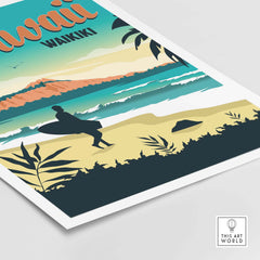 Hawaii Waikiki vintage poster wall art print featuring a surfer on the beach with tropical scenery.