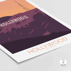 Vintage Hollywood Print California poster featuring the iconic Hollywood sign at sunset.