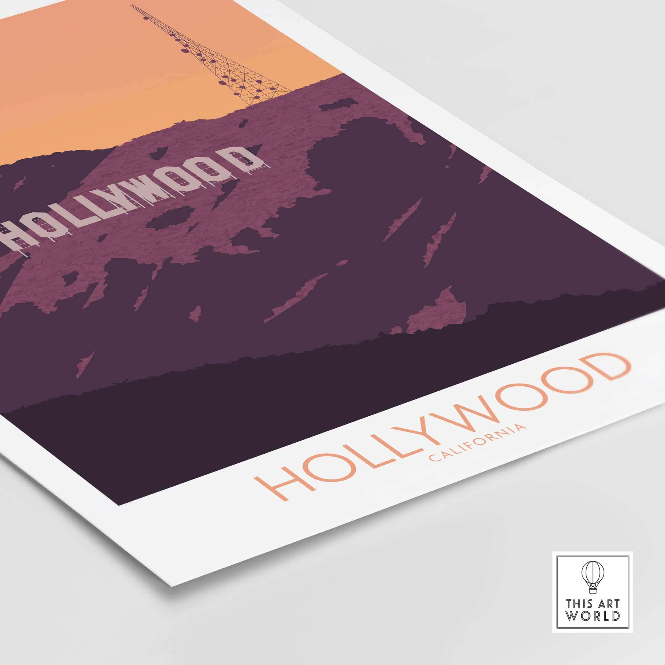 Vintage Hollywood Print California poster featuring the iconic Hollywood sign at sunset.