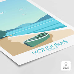 Honduras Caribbean poster print featuring a serene beach scene with a green boat and clear blue water.