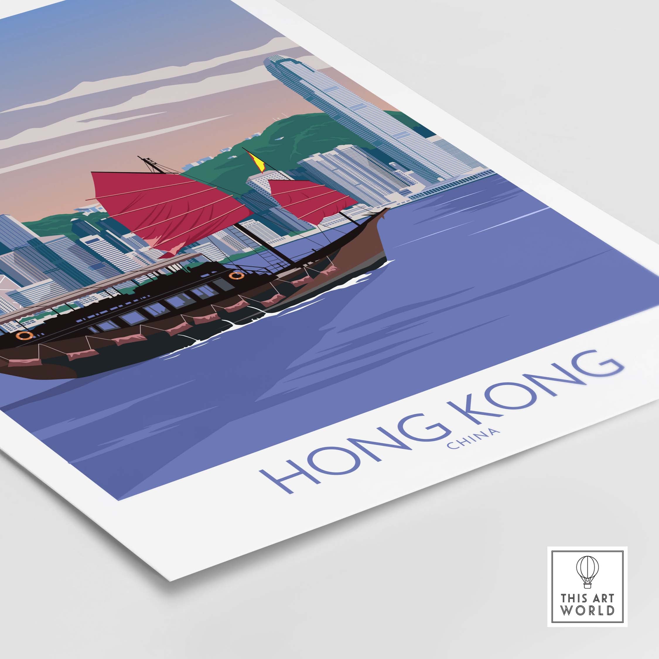 Hong Kong vintage travel poster featuring a traditional boat with city skyline in the background, minimalist design.