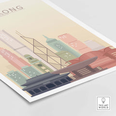 Hong Kong skyline wall art print showcasing iconic buildings in pastel colors for home decor.