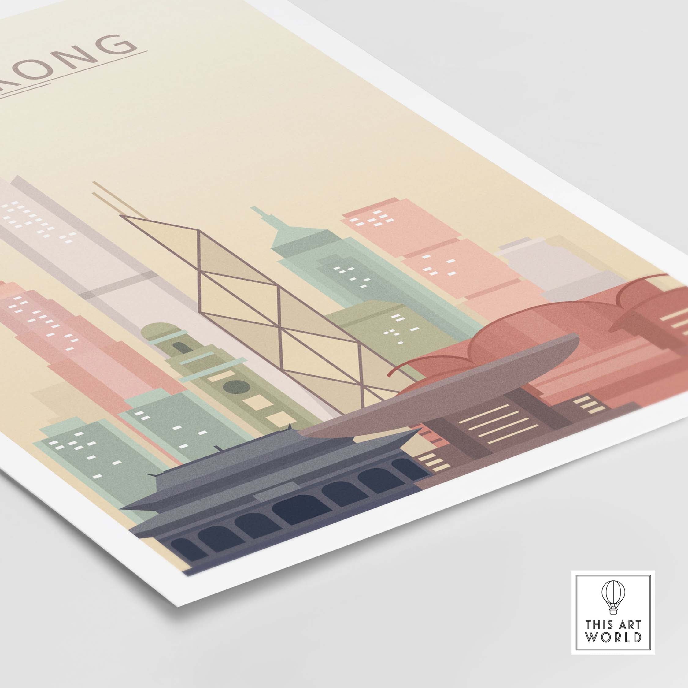 Hong Kong skyline wall art print showcasing iconic buildings in pastel colors for home decor.