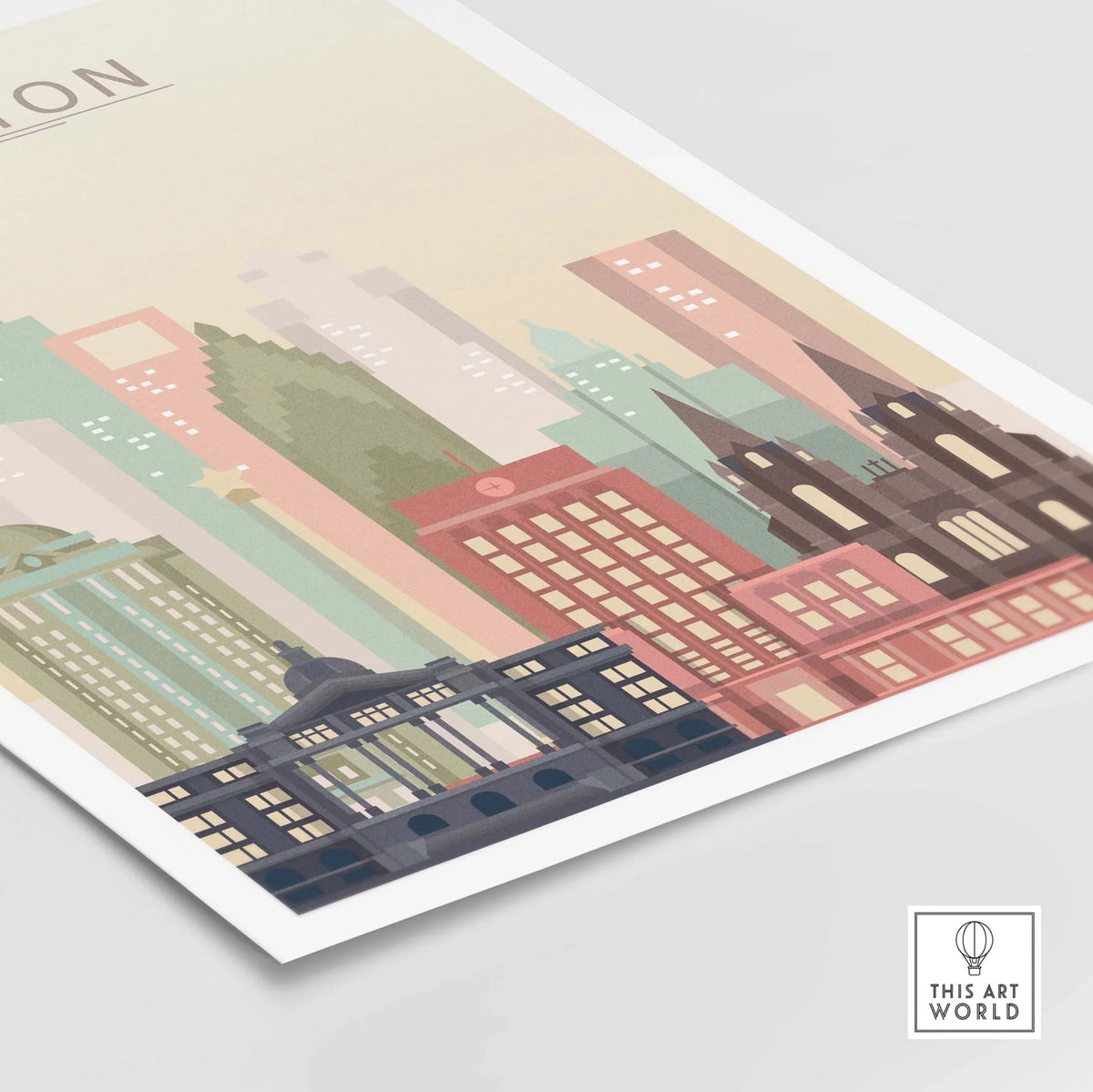 Houston skyline print featuring iconic buildings in warm pastel colors for stylish wall art.