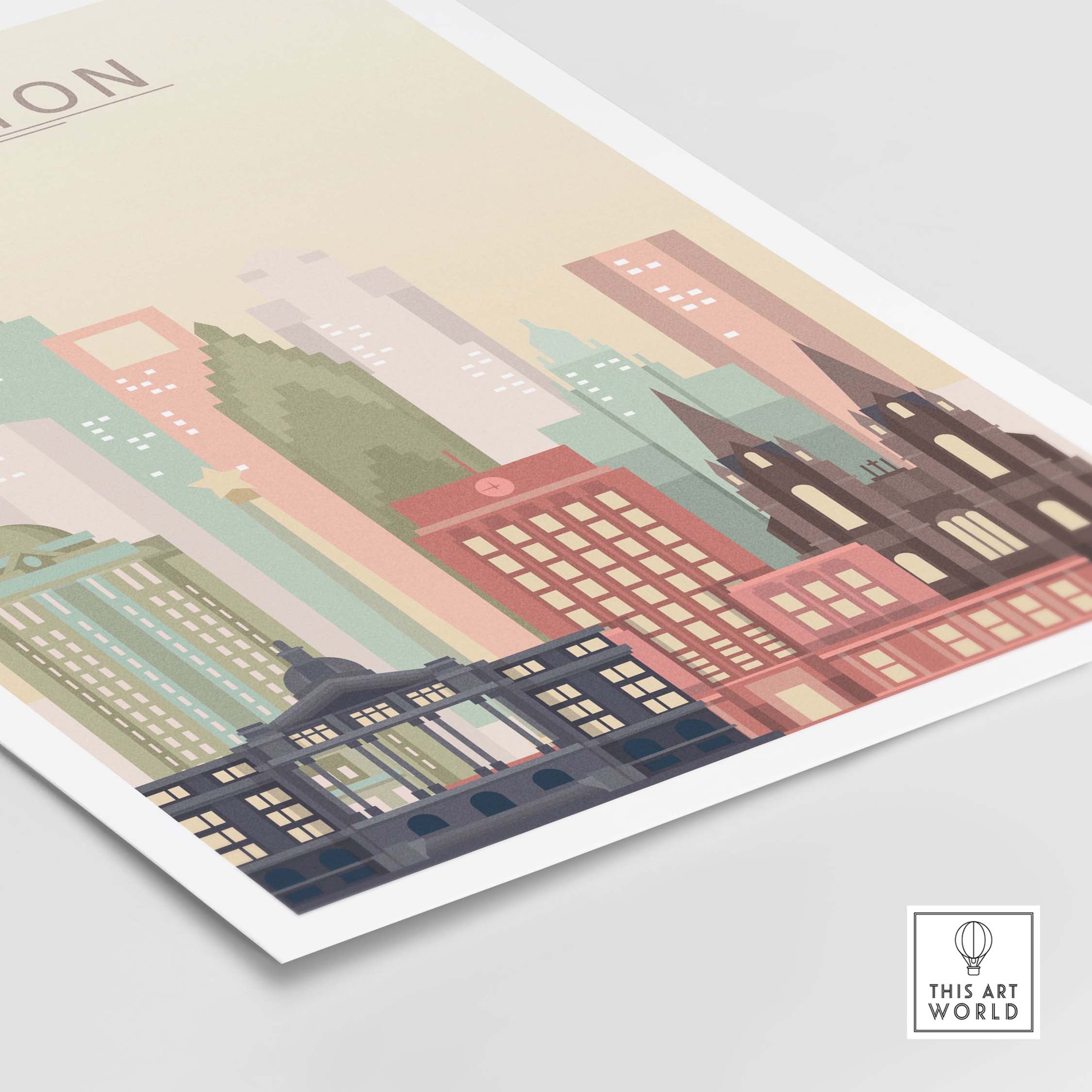 Houston skyline print featuring iconic buildings in warm pastel colors for stylish wall art.