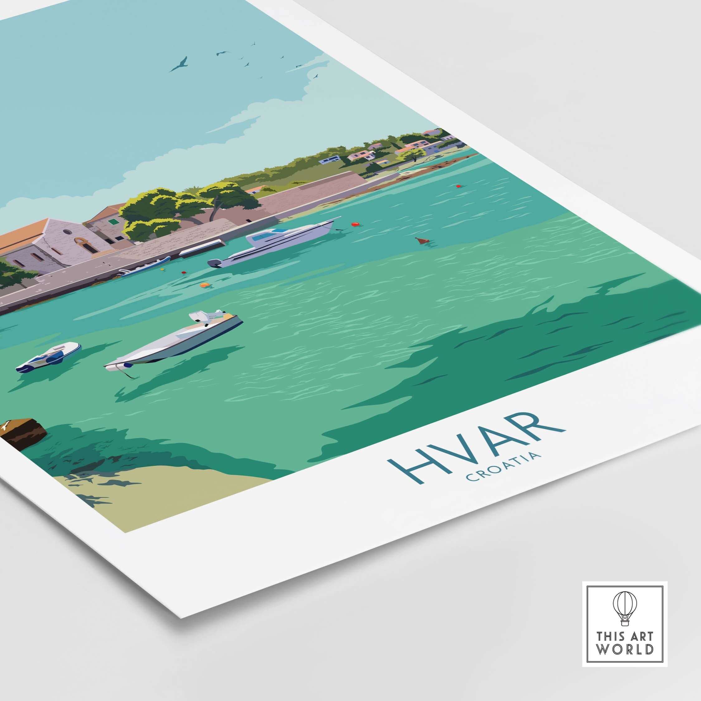 Hvar Print Croatia travel poster featuring boats in turquoise water against a scenic coastal backdrop.
