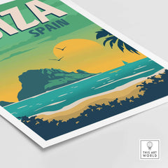 Ibiza Poster Wall Art Print featuring a vintage style beach scene with sunset and mountains.