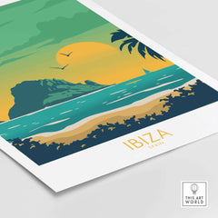Ibiza Print Travel Poster featuring colorful beach landscape, vintage style artwork showcasing Spain's scenic beauty.