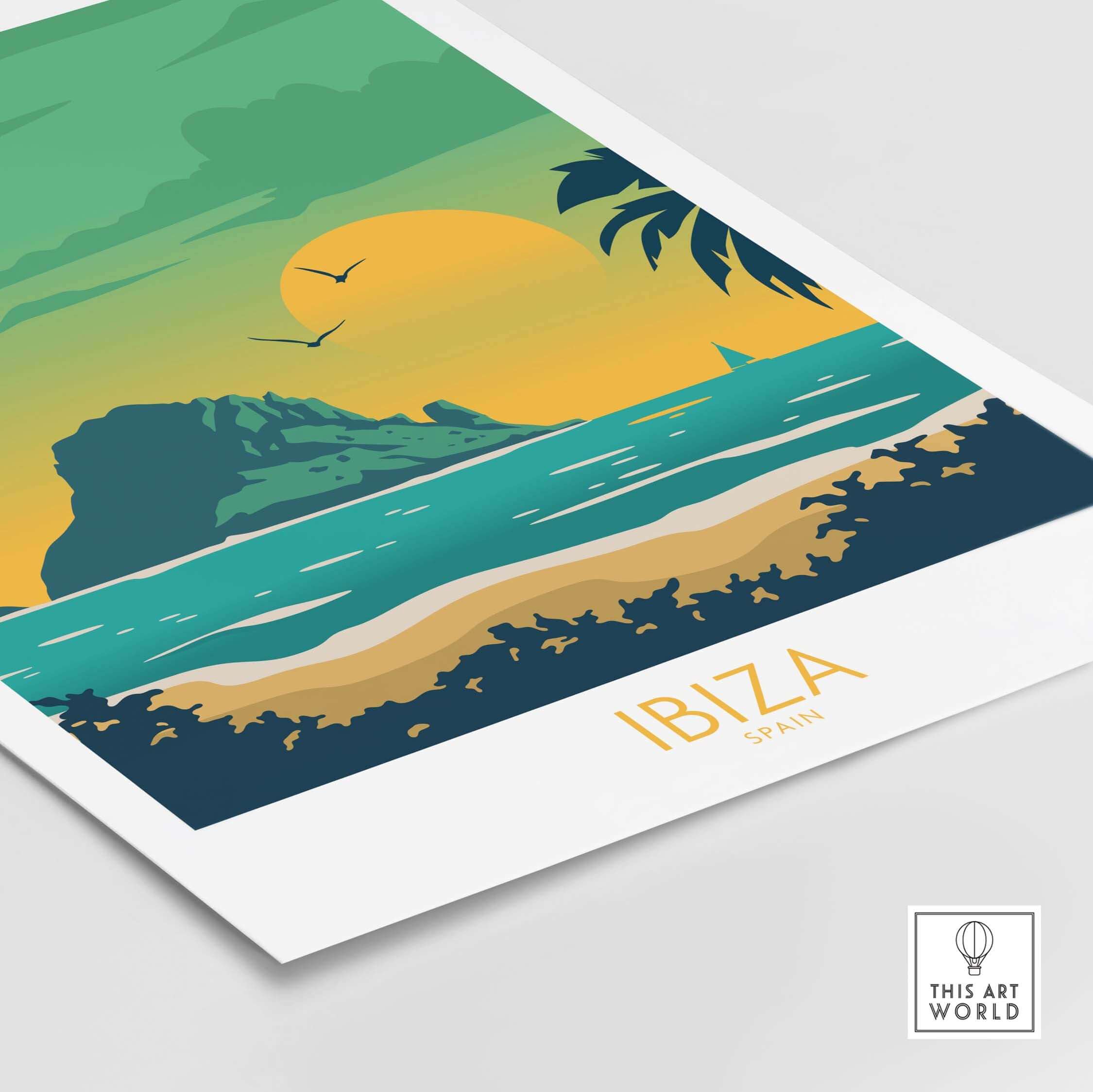 Ibiza Print Travel Poster featuring colorful beach landscape, vintage style artwork showcasing Spain's scenic beauty.