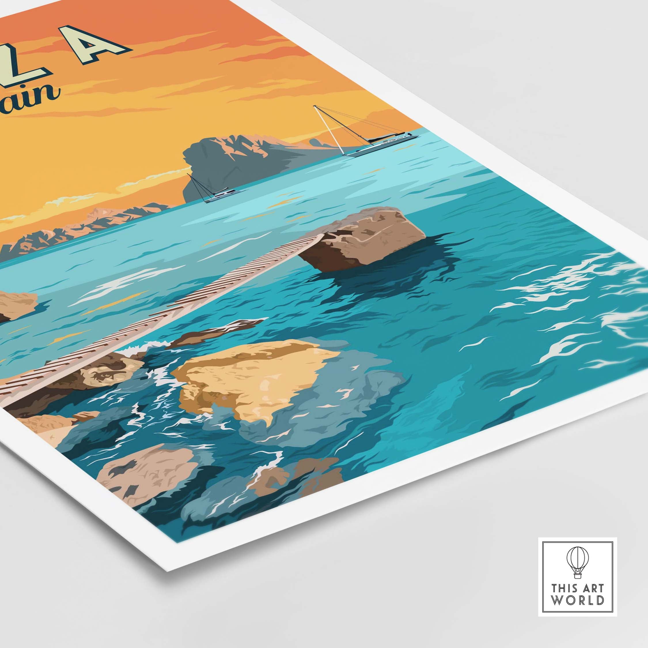 Ibiza Print Spain Sunset Poster showcasing vibrant ocean and sunset colors, ideal for home decor.