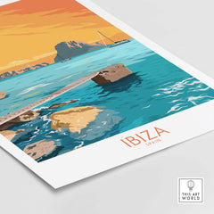 Colorful Ibiza Island wall art featuring a scenic view of the sea and rocks, perfect for travel inspiration.