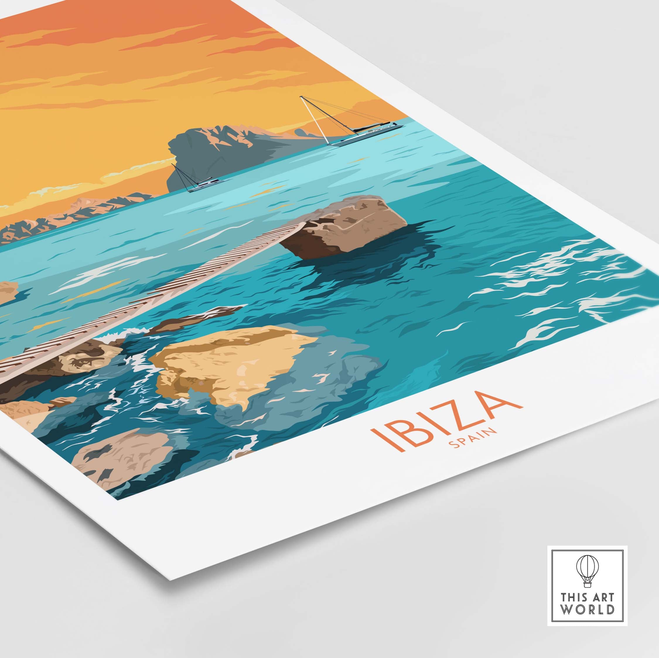Colorful Ibiza Island wall art featuring a scenic view of the sea and rocks, perfect for travel inspiration.