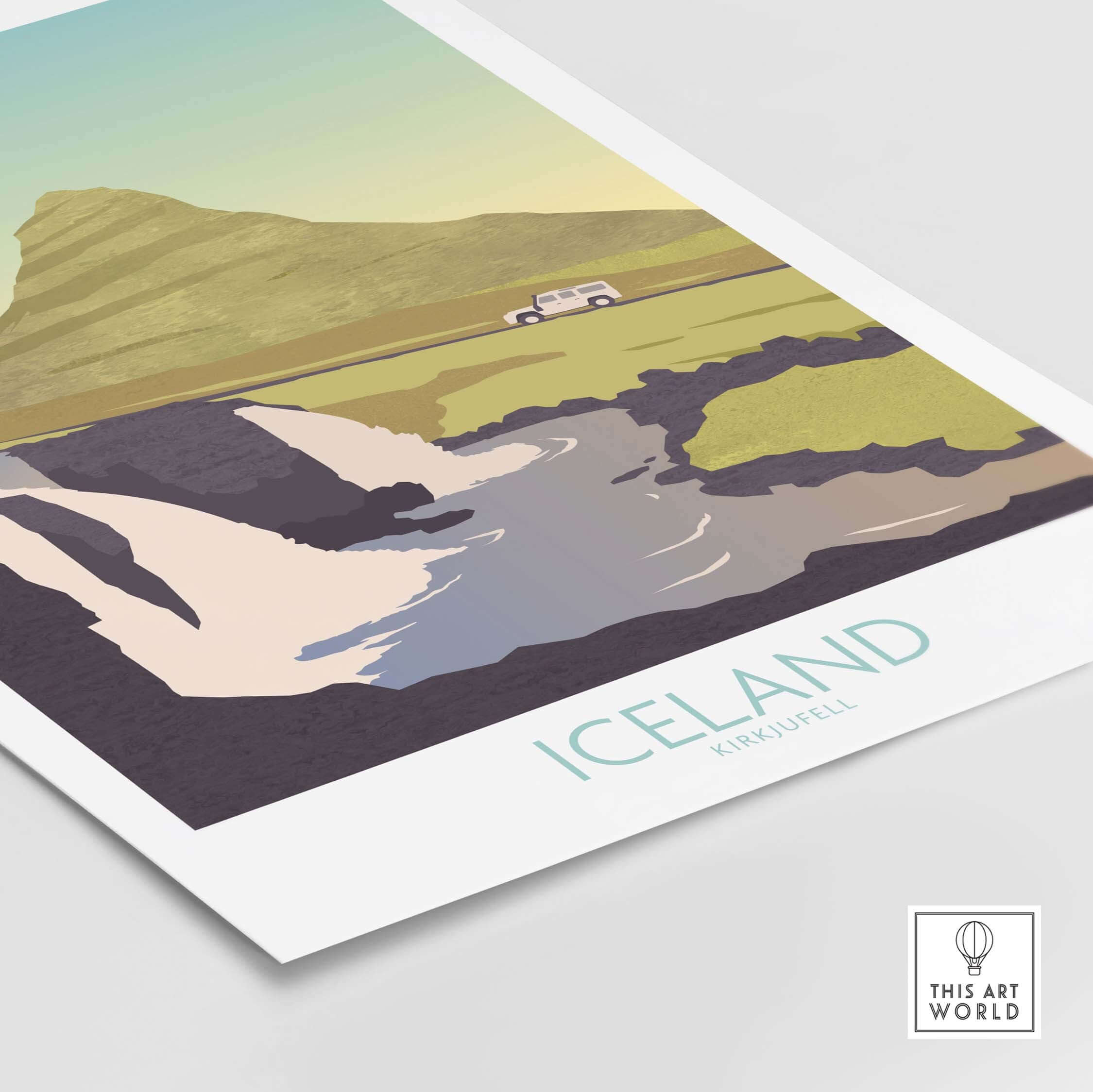 Iceland travel poster featuring a scenic landscape with a waterfall and a vintage vehicle, showcasing Kirkjufell mountain.