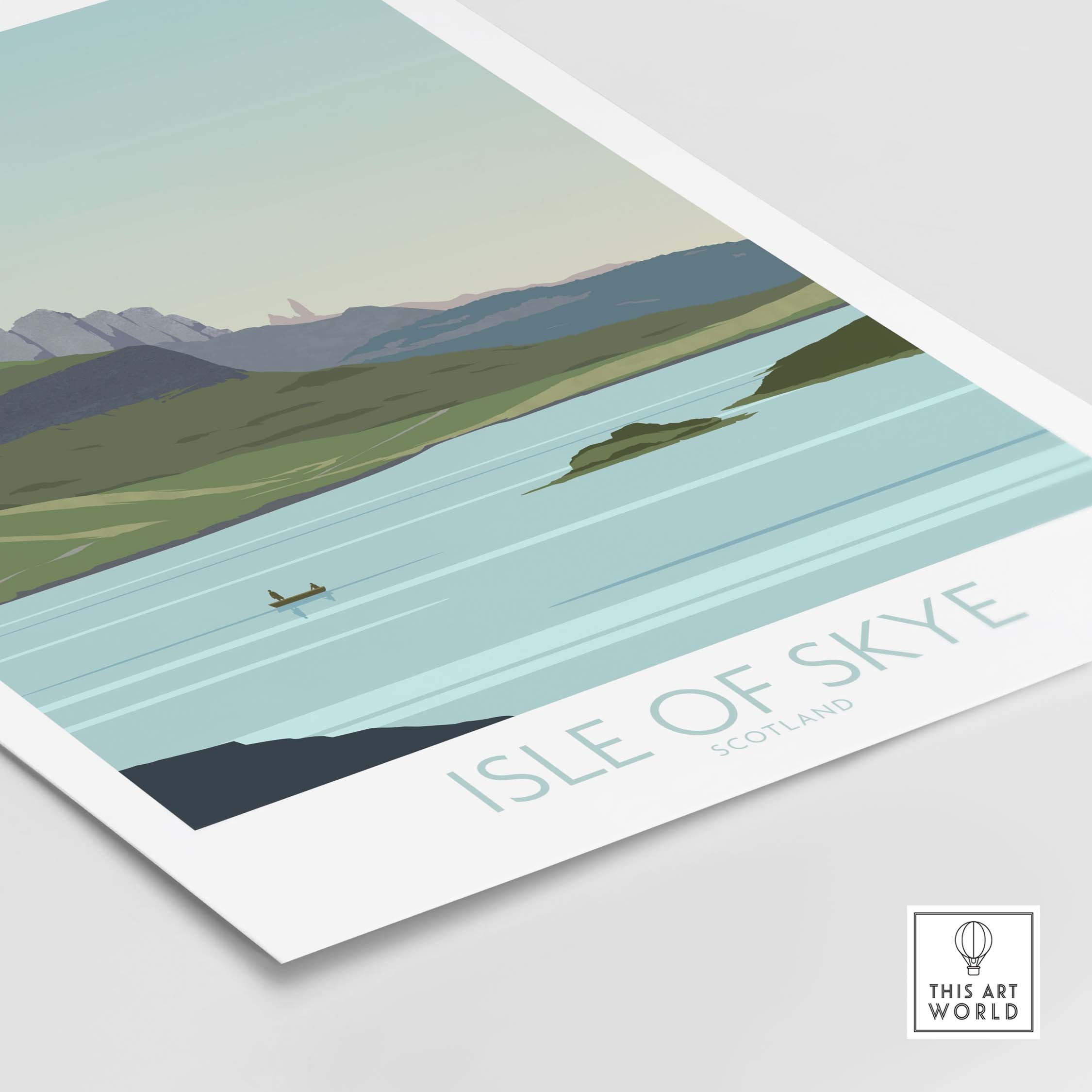 Isle of Skye Scotland poster print featuring serene landscapes and vintage travel design.