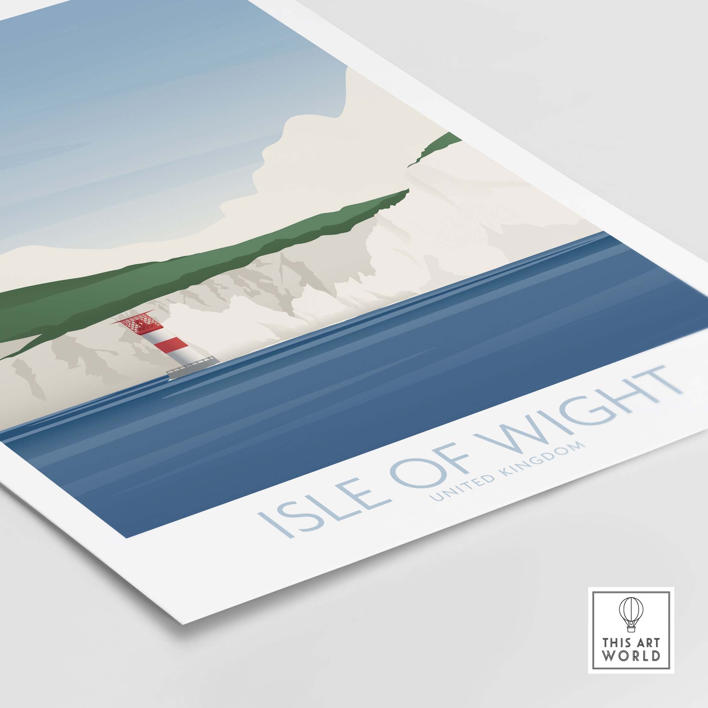 Isle of Wight art print featuring a lighthouse and cliffs, capturing vintage travel inspiration for home decor.