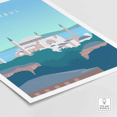Istanbul Print Wall Art Poster featuring the Blue Mosque, perfect for home or office decor, stylish vintage travel design.