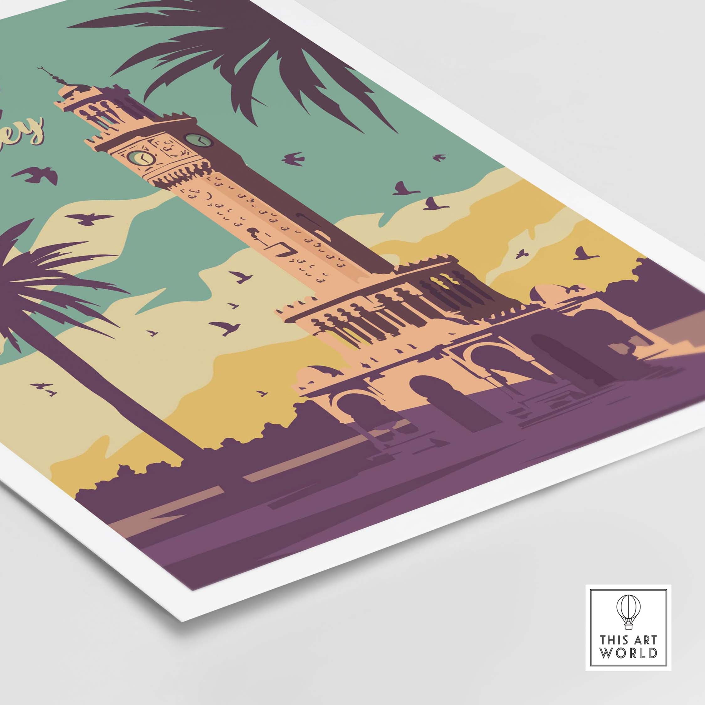 Izmir Print Turkey travel poster featuring iconic clock tower and palm trees in vintage design.