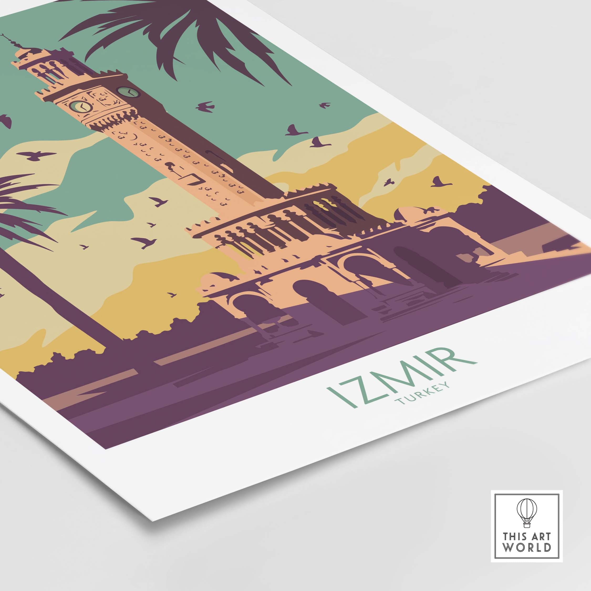 Vintage style Izmir poster featuring the iconic clock tower in Turkey with palm trees and birds.