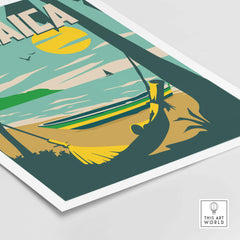 Jamaica Print Beach Poster featuring a serene beach scene with palm trees and a colorful sunset.