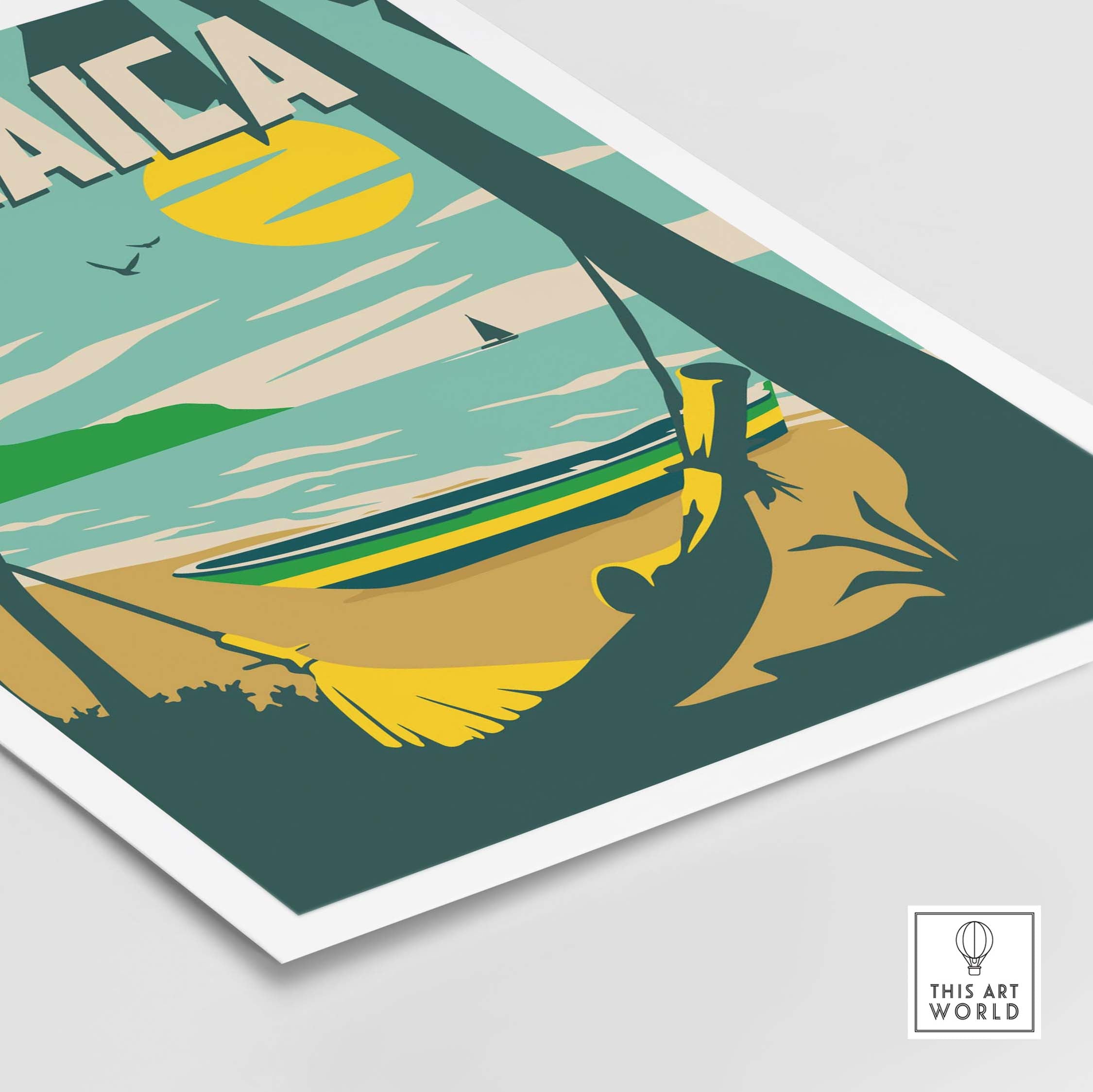 Jamaica Print Beach Poster featuring a serene beach scene with palm trees and a colorful sunset.