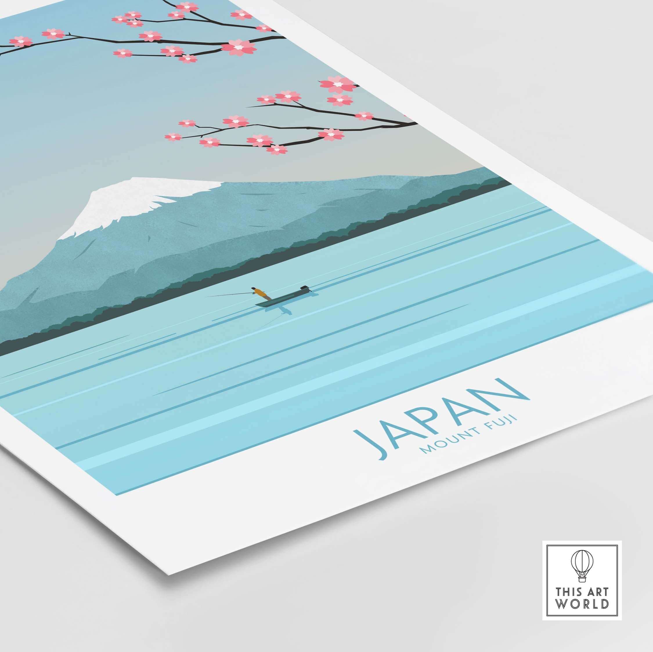Japan Print Mount Fuji Poster featuring cherry blossoms and tranquil water scene, ideal for travel-inspired wall art.