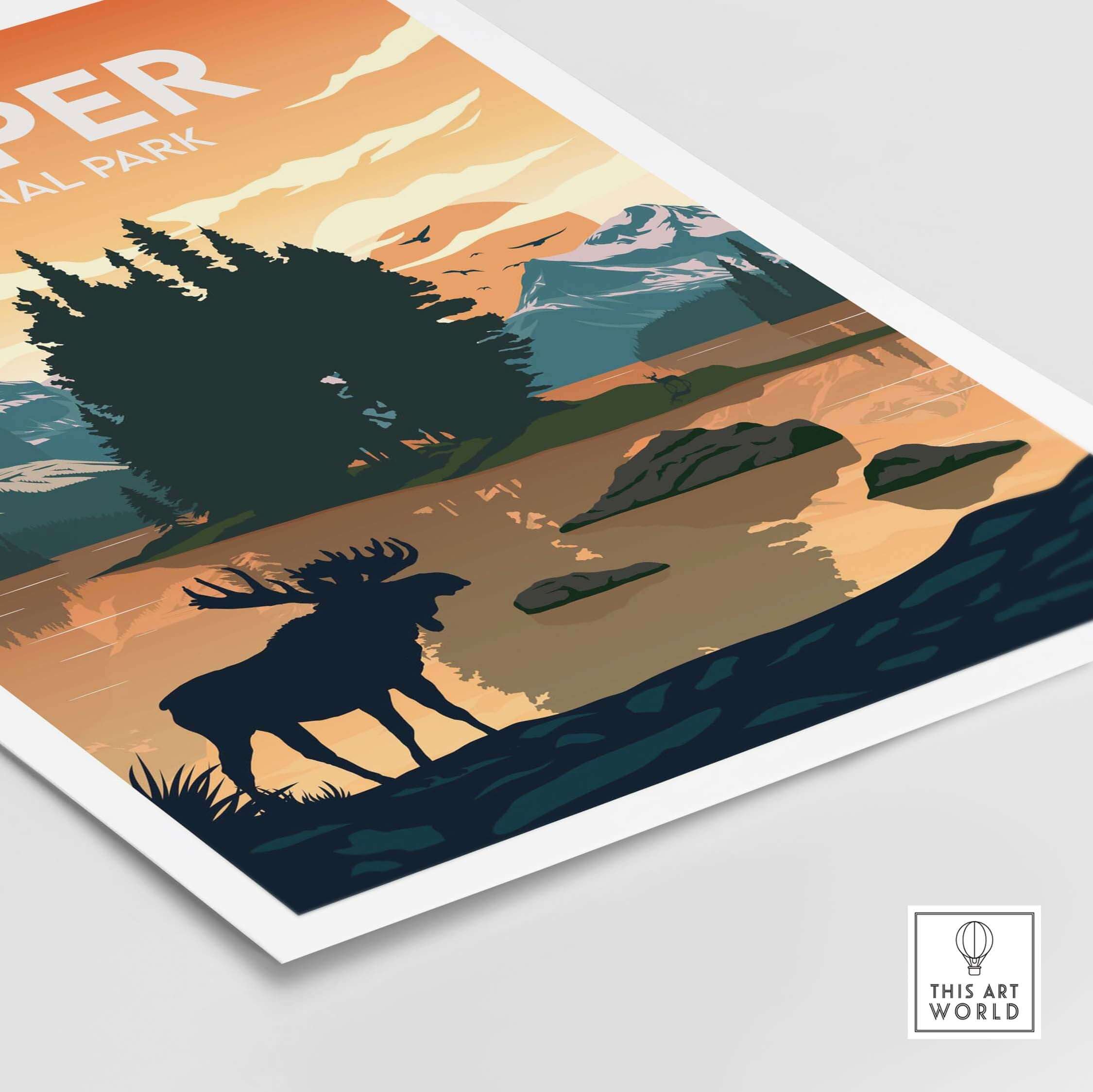Jasper Print National Park Poster featuring a moose silhouette against a serene landscape at sunset.