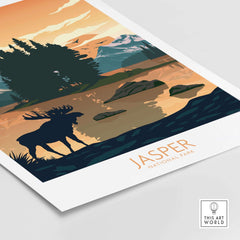 Jasper National Park Poster featuring a moose silhouette, trees, and mountains in a minimalist art style.