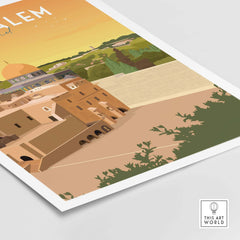 Vintage-style Jerusalem print showcasing iconic landmarks and vibrant colors for wall art decor.